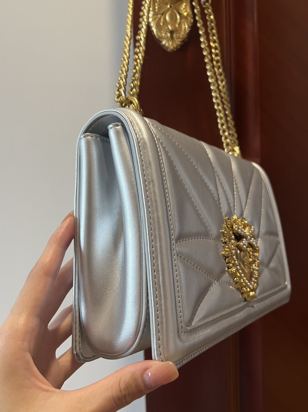 Dolce & Gabbana Large Devotion Bag In Quilted Nappa Silver For Women 10in/26cm DG