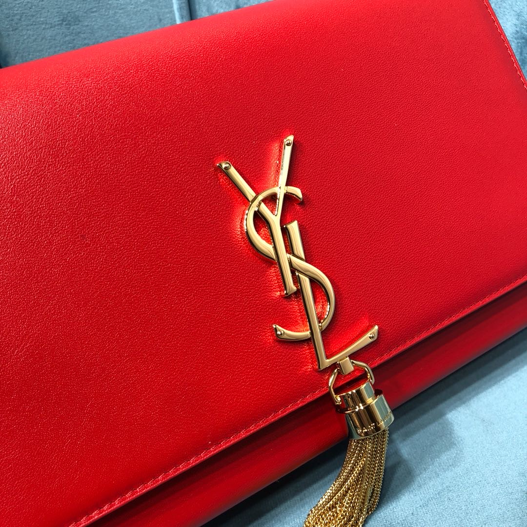 Sa1nt Lau*nt Kate Medium Chain Bag With Tassel In Grain De Poudre Red For Women 9.4in/24cm Y51