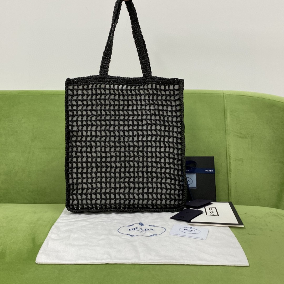 Pra*a Raffia Tote Bag Black For Women, Women’s Bags 14.9in/38cm 1BG393_2A2T_F0002_V_OOO