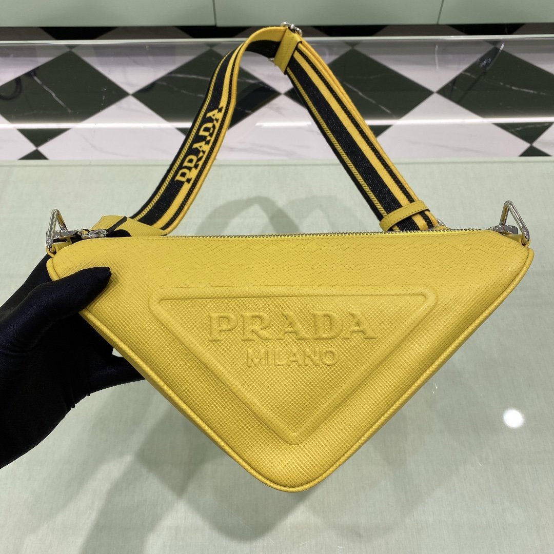 [True-to-ORIGINAL] Pra*a Saffiano Triangle Bag Yellow For Women, Women’s Bags 11in/28cm 2VH155_2FAD_F0377_V_OOO