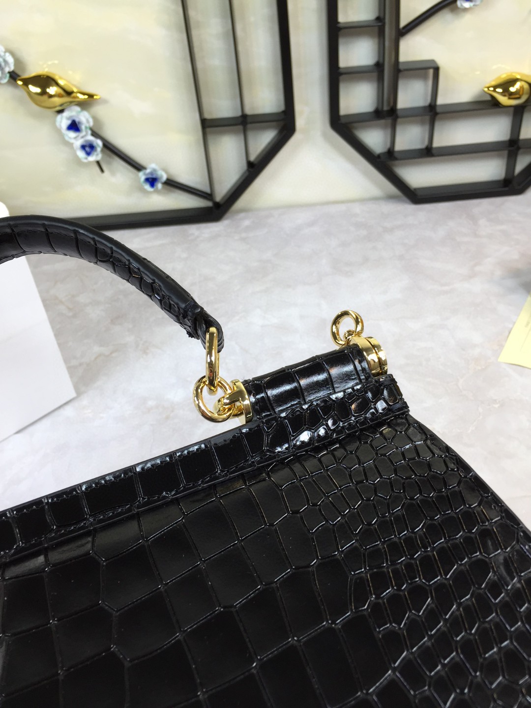 Dolce & Gabbana Medium Sicily Bag In Foiled Crocodile-Print Black For Women 10.2in/26cm DG