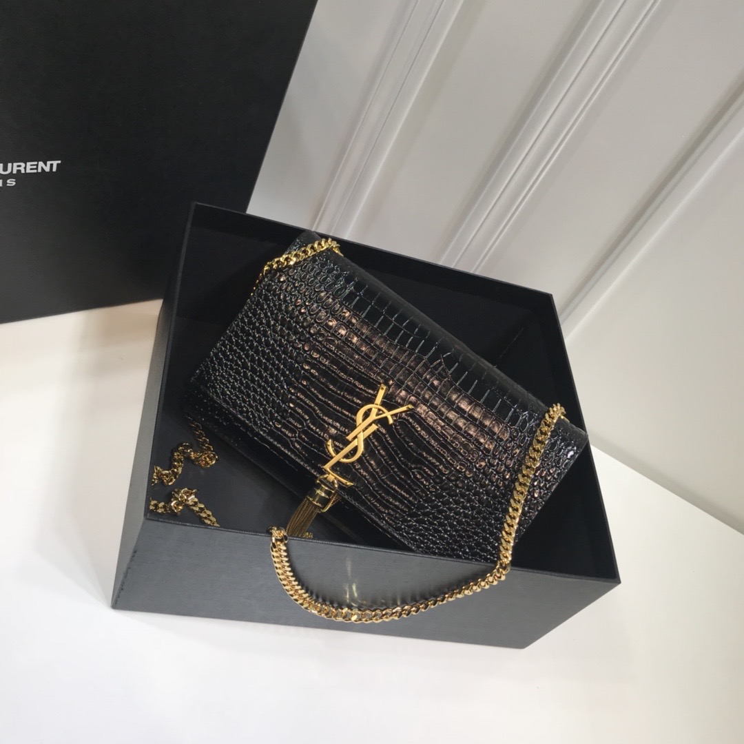 Sa1nt Lau*nt Kate Medium Chain Bag With Tassel In Embossed Crocodile Black For Women 9.4in/24cm Y51 354119DND0J1000
