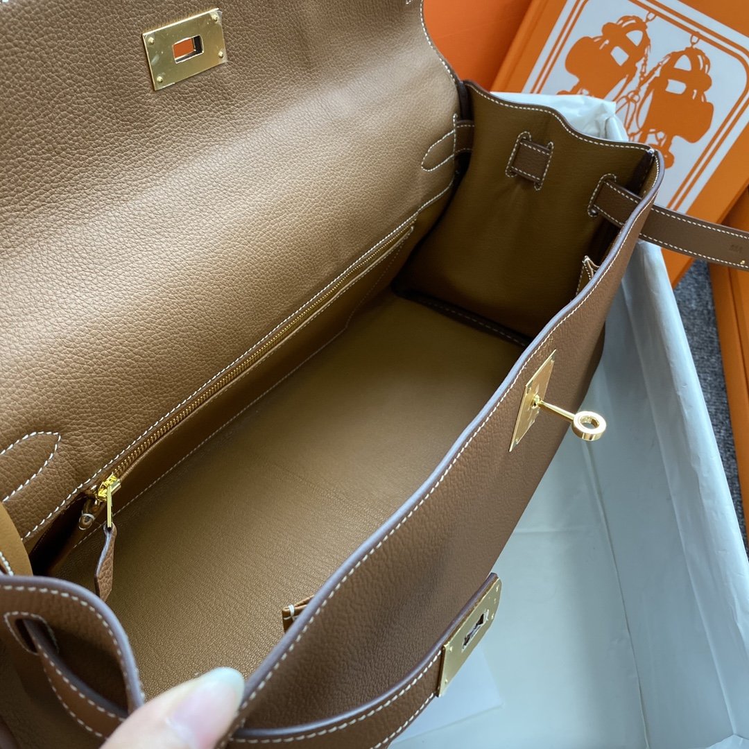 H**me5 Shoulder Kelly CK37 Brown For Women Gold Color Hardware 16.5in/42cm