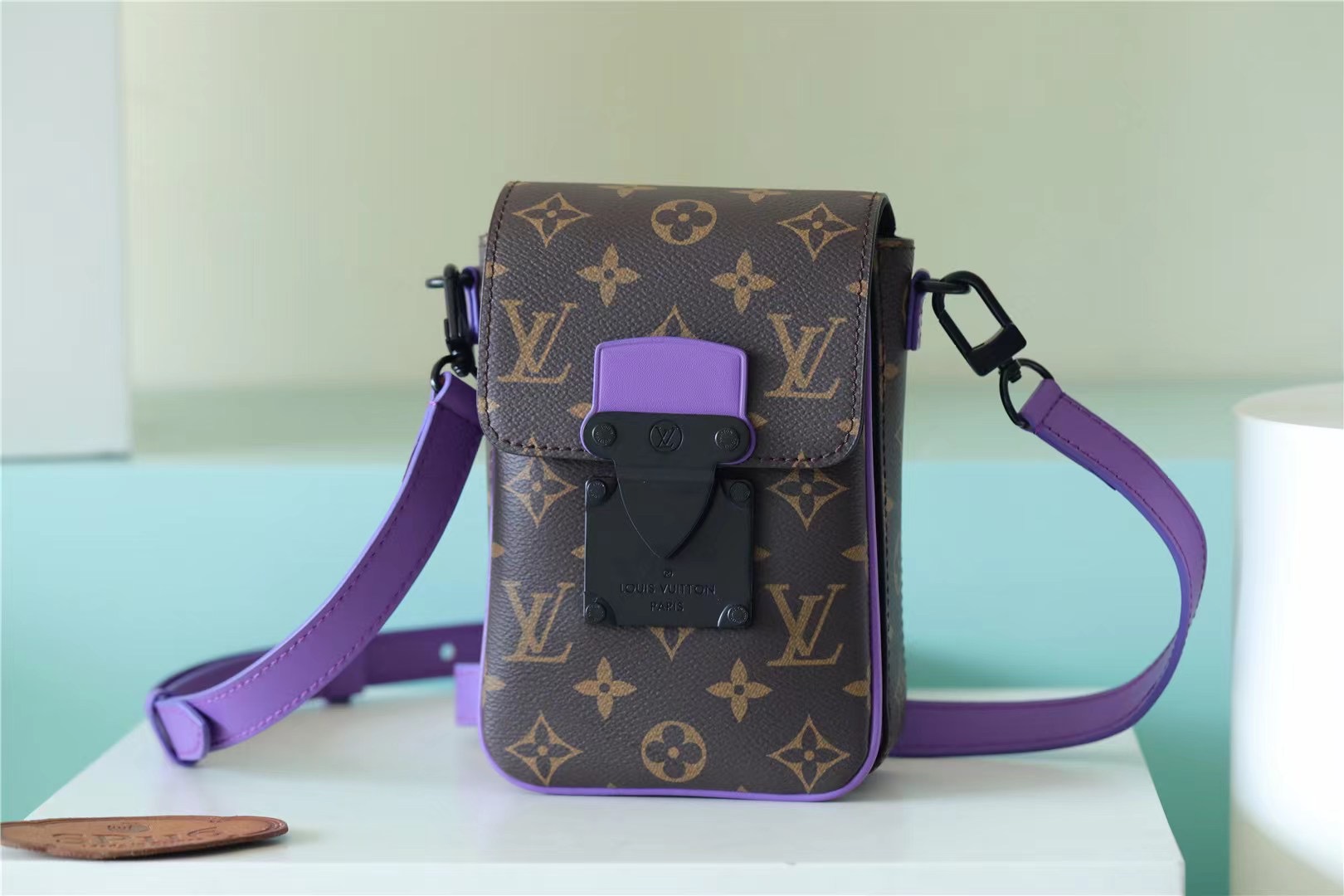 L0vis Vvtt0n S-Lock Vertical Wearable Wallet Monogram Macassar Purple For Men, Men’s Bags, Shoulder And Crossbody Bags 7.5in/19cm LV