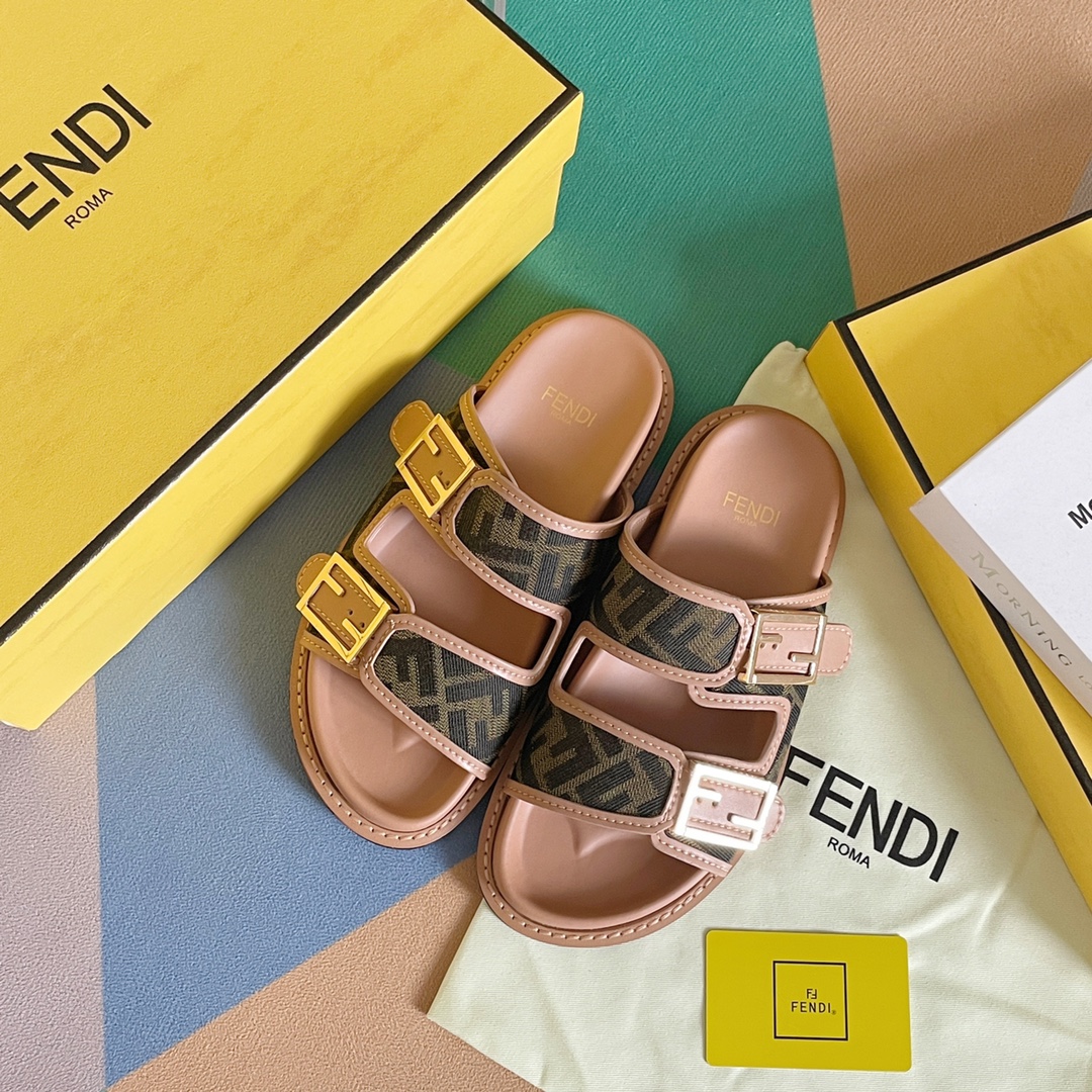 F**di Feel Brown FF Fabric Slides For Women 8X8326AEGVF1HHG