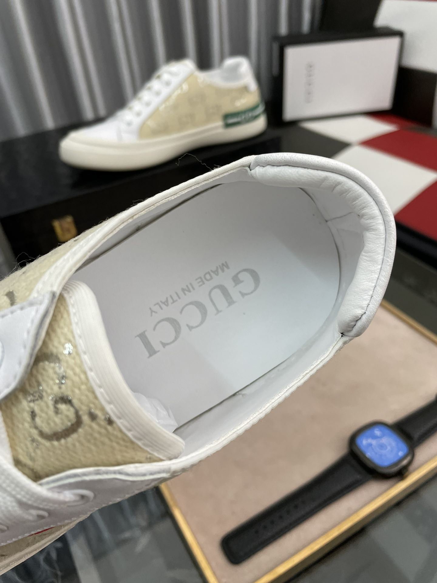 Gvc*1 Men’s GG Embroidery Sneaker With Web White And Beige For Men