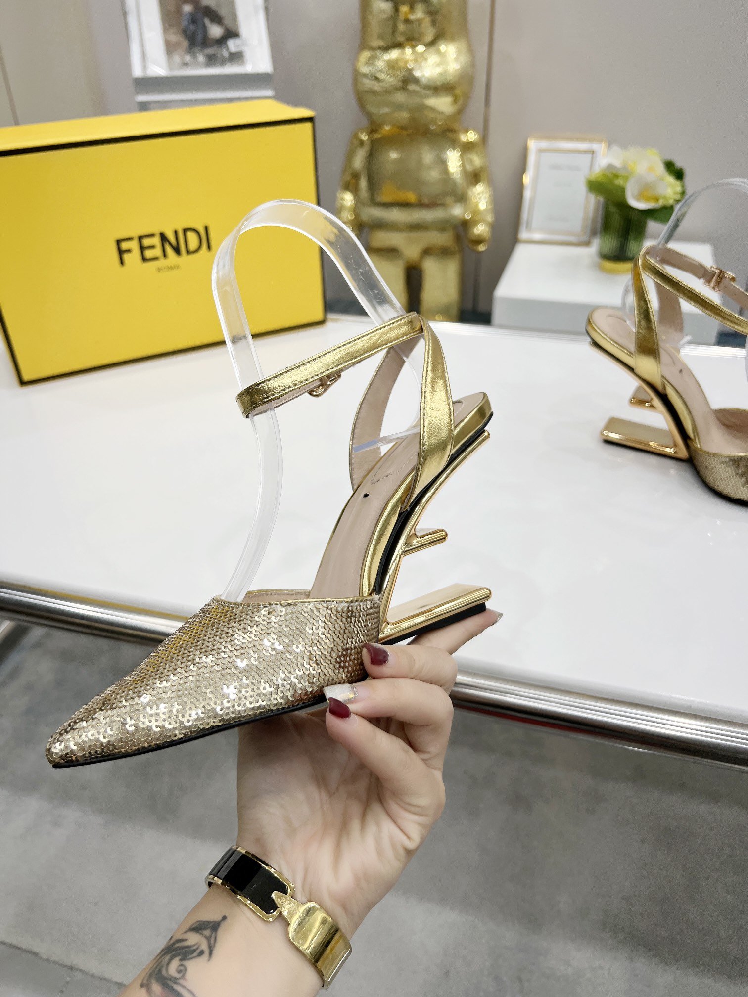 F**di First Gold Glitter High-Heeled Slingbacks For Women
