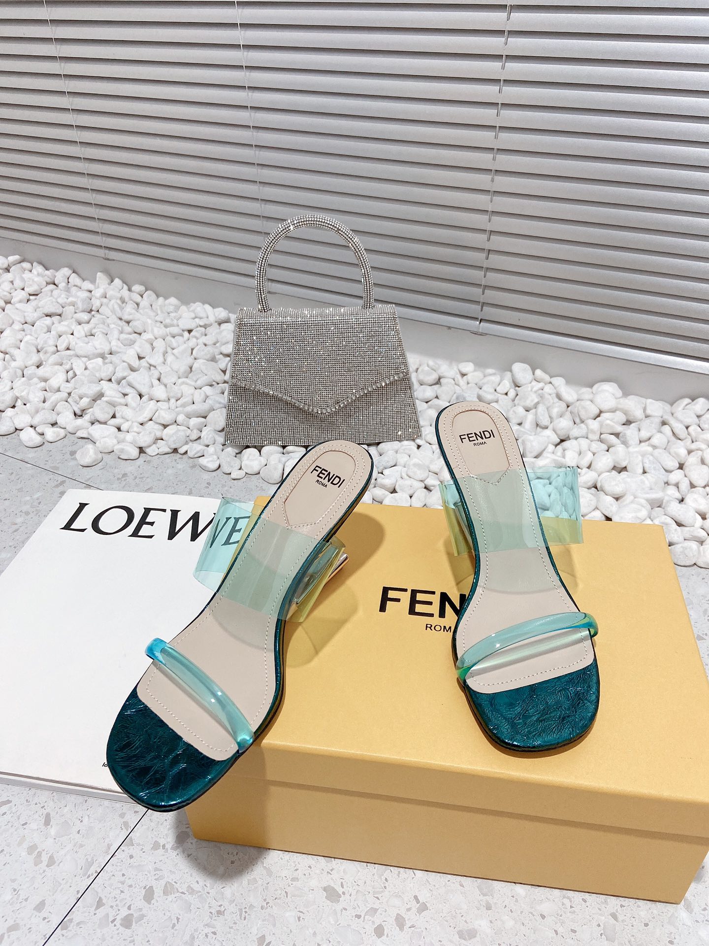 F**di First Dark Green Transparent High-Heeled Sandals For Women