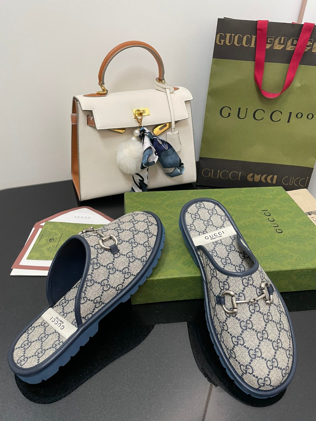 Gvc*1 Men’s GG Slipper With Horsebit Blue For Men GG Shoes ‎694249 96G60 4073