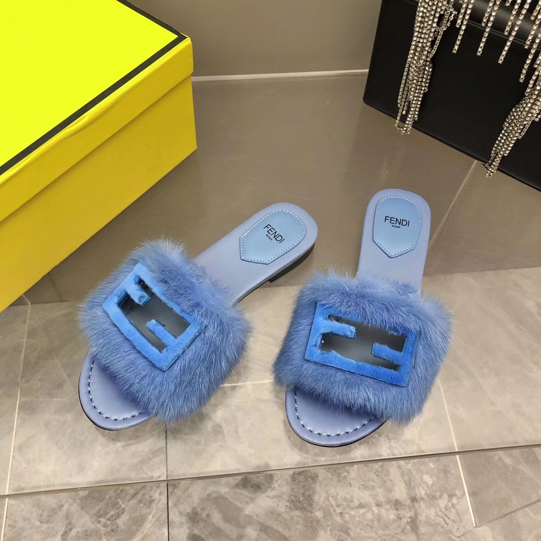 F**di Signature Blue Mink Slides For Women