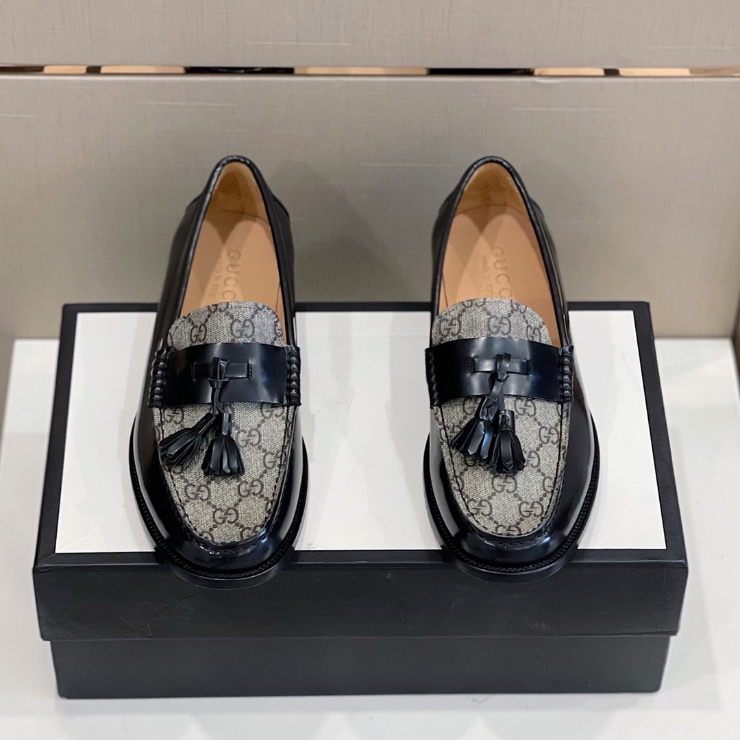 Gvc*1 Men’s GG Loafers Horsebit With Tassel Black And Beige For Men 673817 17X30 1063
