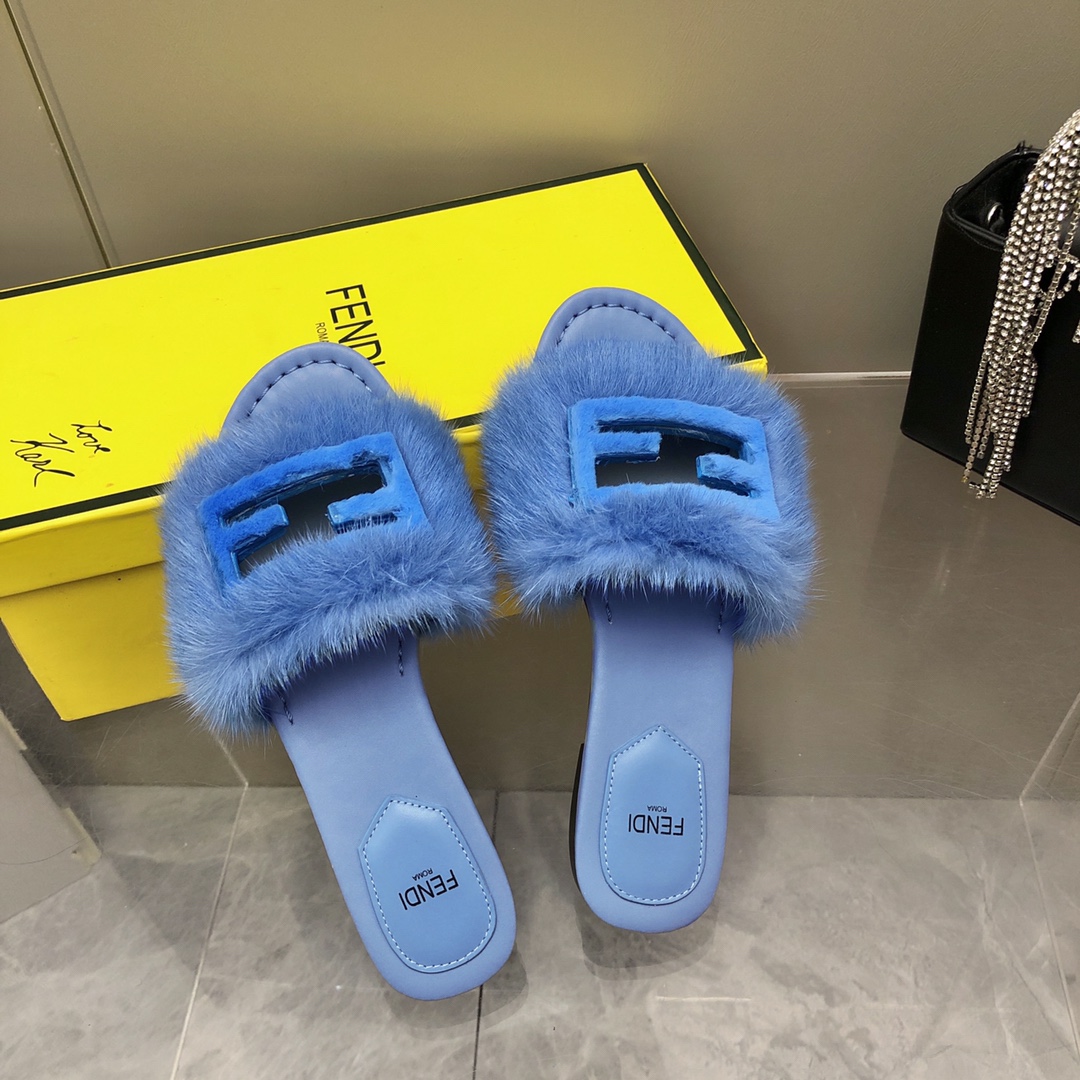 F**di Signature Blue Mink Slides For Women