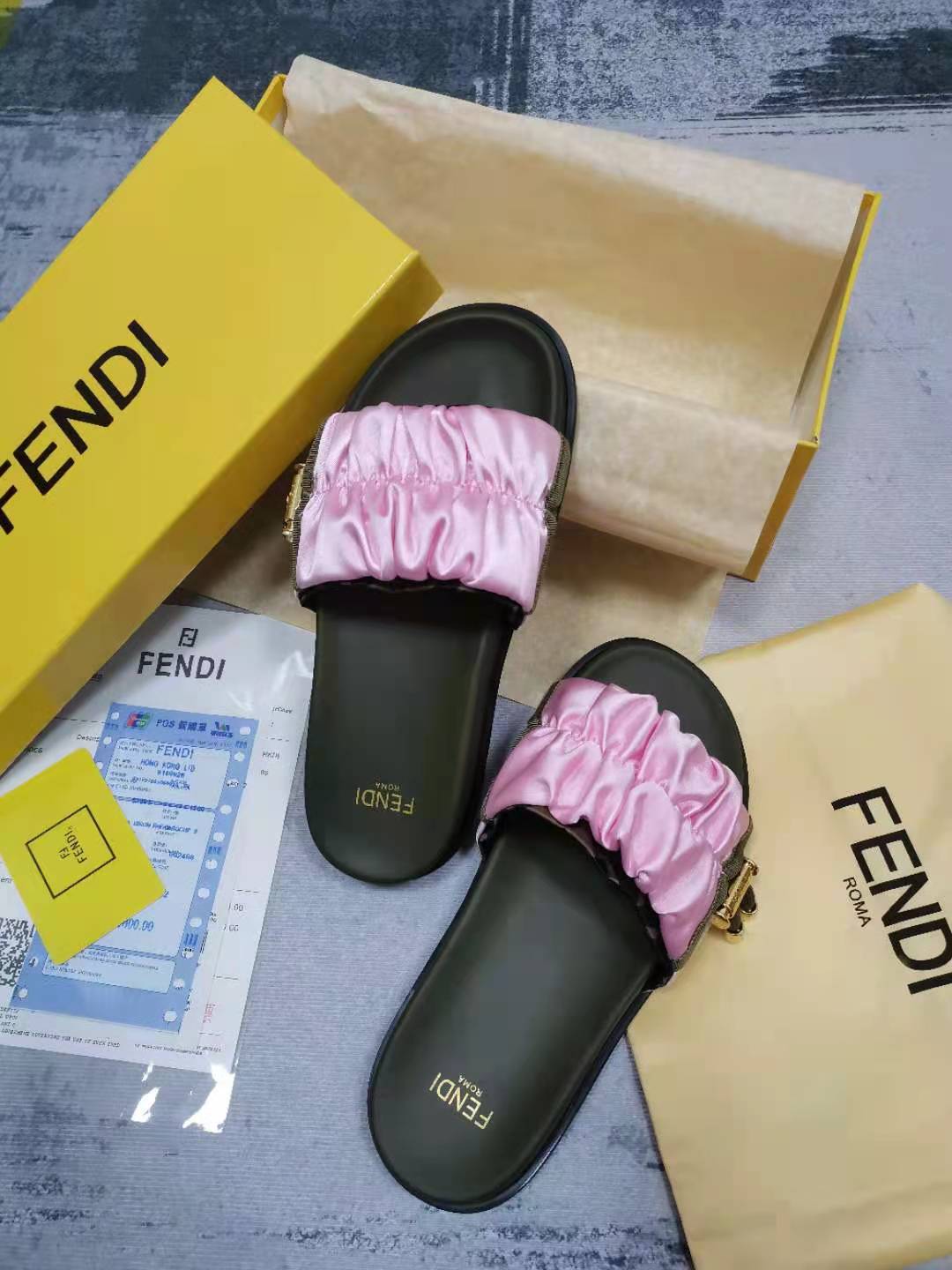 F**di Feel Pink Satin Slides For Women