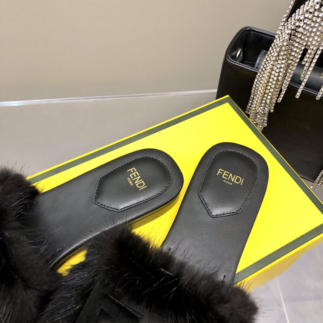 F**di Signature Black Mink Slides For Women