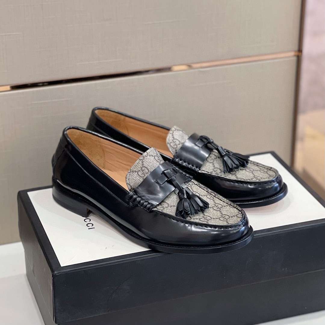 Gvc*1 Men’s GG Loafers Horsebit With Tassel Black And Beige For Men 673817 17X30 1063