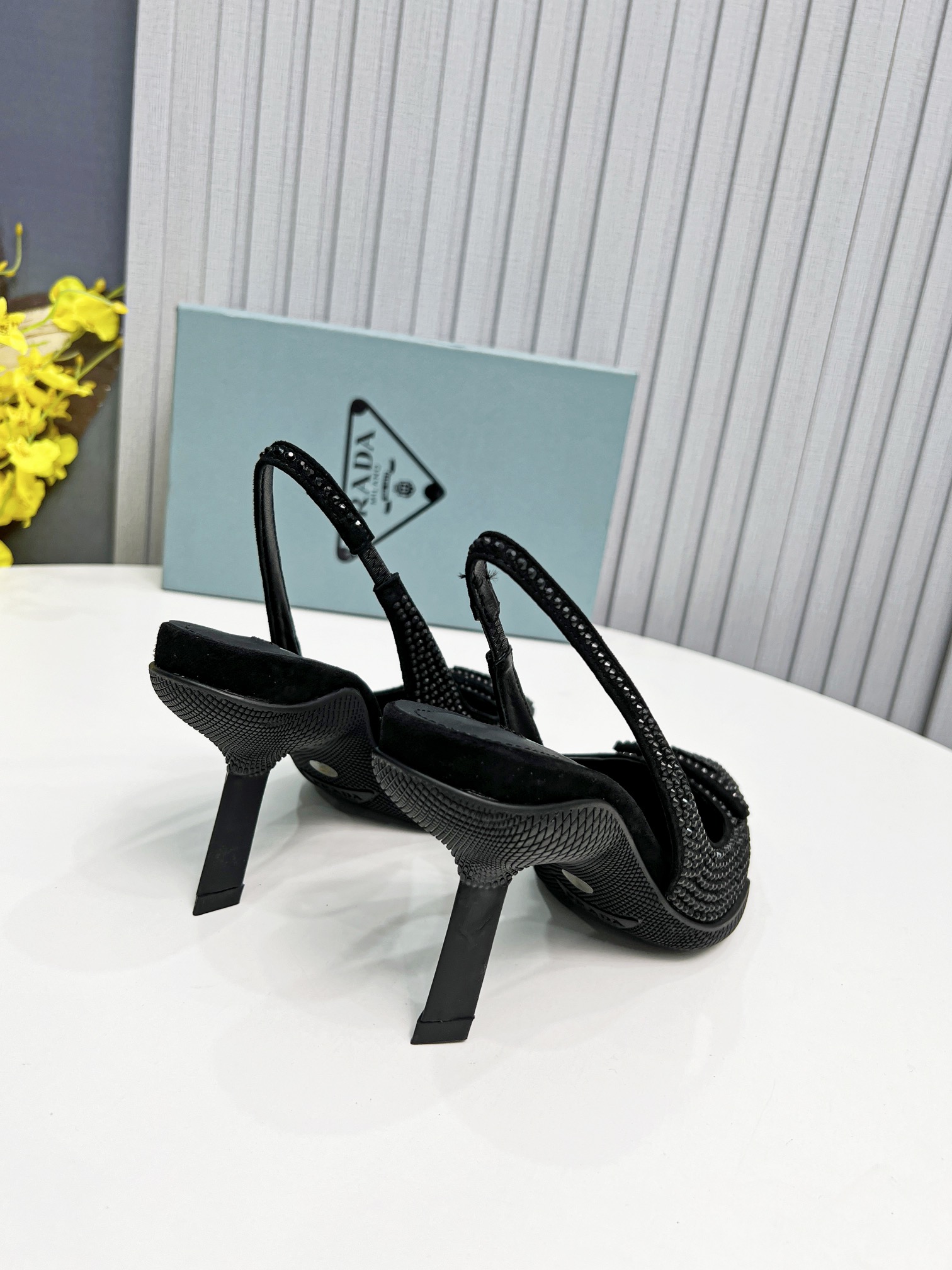 Pra*a Satin Slingback Pumps With Crystals Black For Women 2.2in/55mm PRD