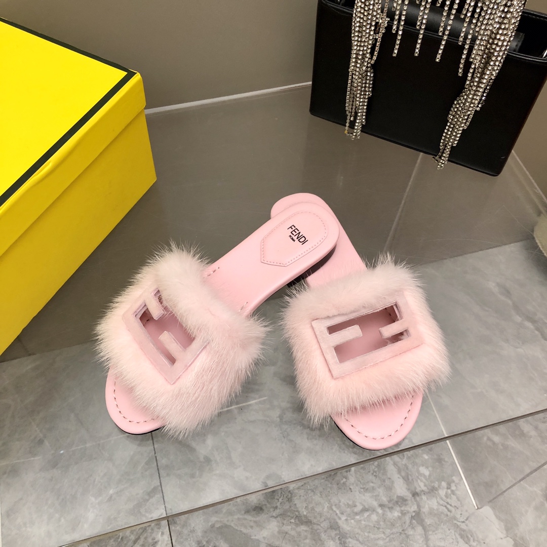 F**di Signature Pink Mink Slides For Women