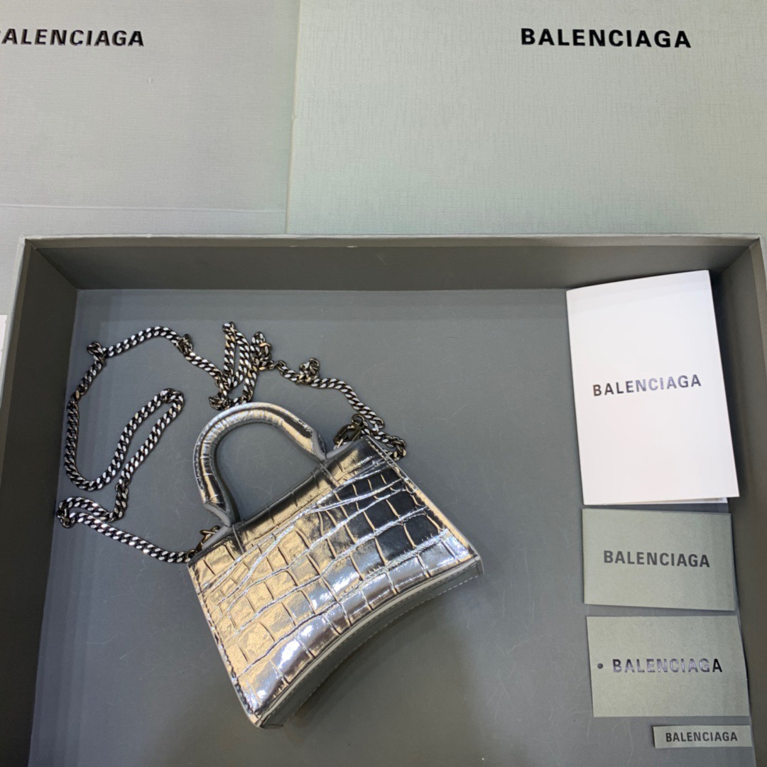 Ba1en*iaga Hourglass Mini Handbag With Chain In Sliver, For Women, Women’s Bags 4.7in/12cm
