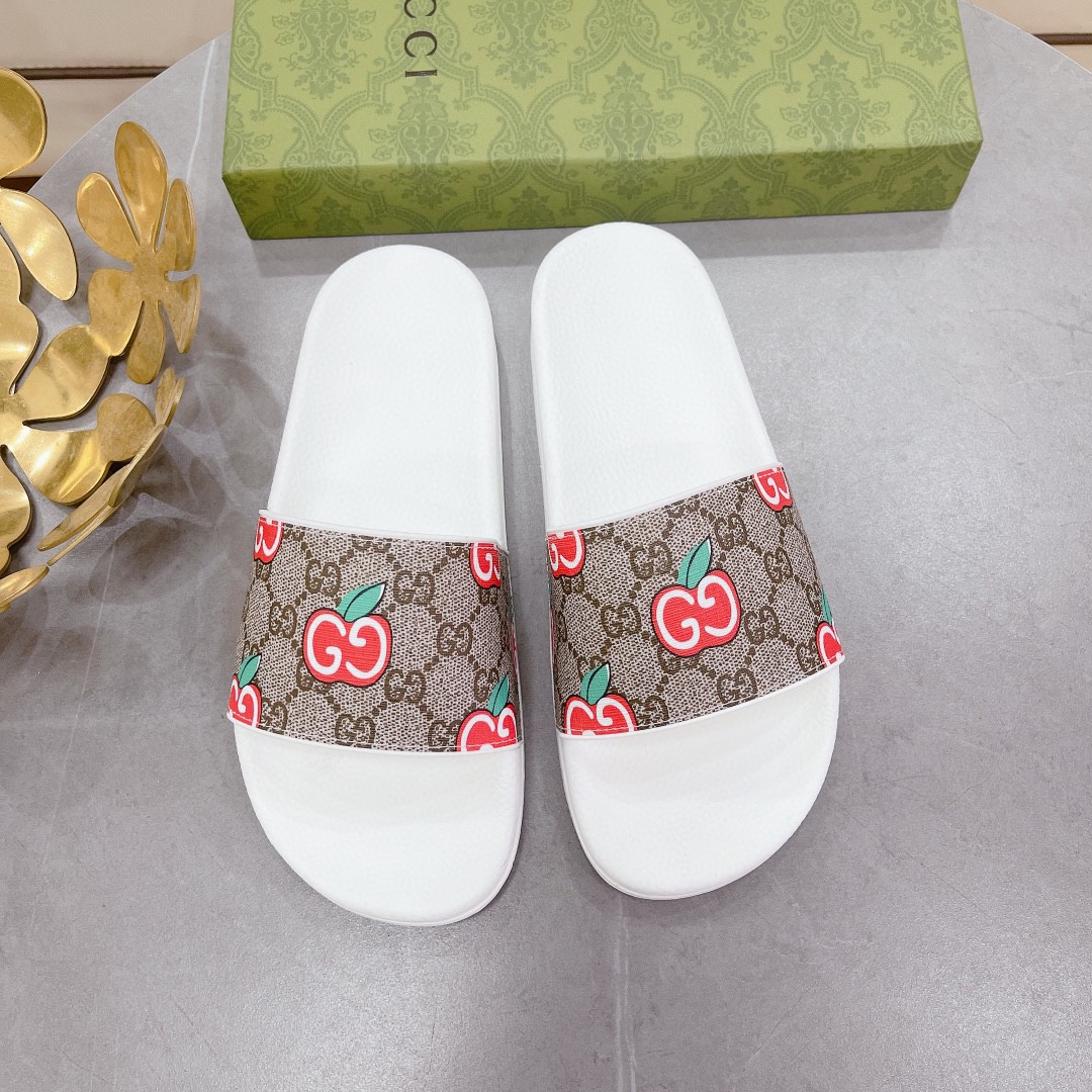 Gvc*1 Men’s GG Slide Sandal With GG Apple White And Brown For Men 407345