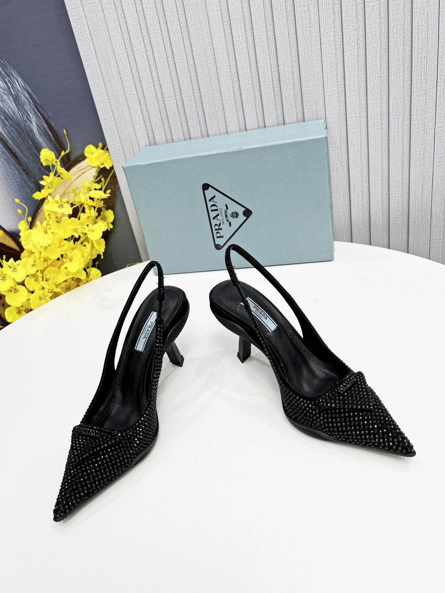 Pra*a Satin Slingback Pumps With Crystals Black For Women 2.2in/55mm PRD