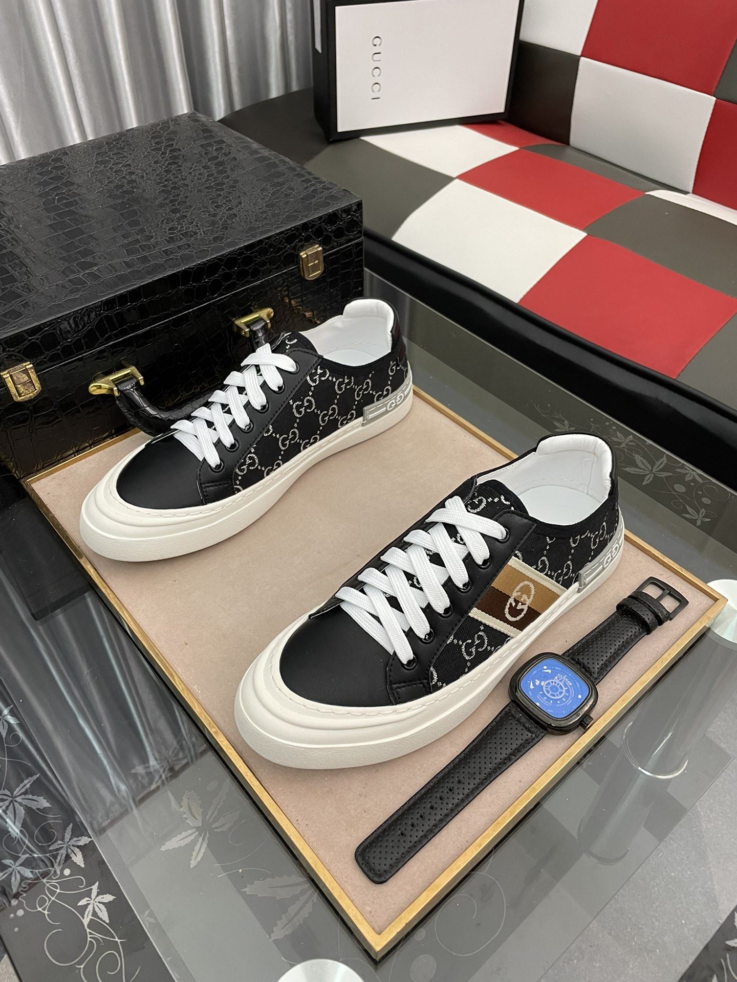 Gvc*1 Men’s GG Embroidery Sneaker With Web Black For Men