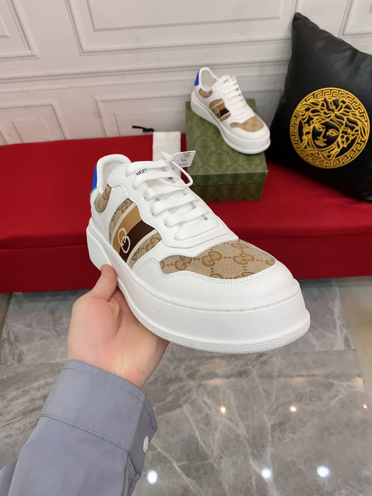 Gvc*1 Men’s GG Sneaker With Web White And Beige For Men ‎669698