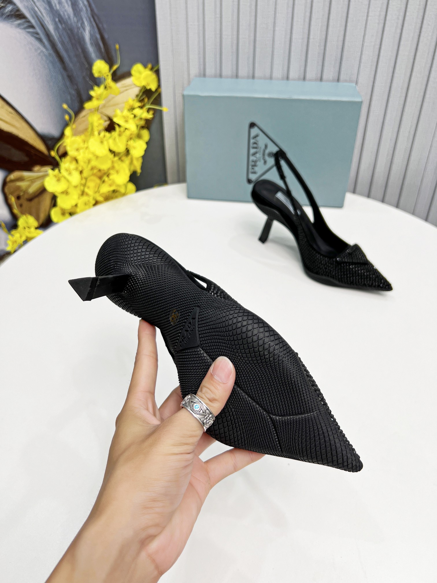 Pra*a Satin Slingback Pumps With Crystals Black For Women 2.2in/55mm PRD