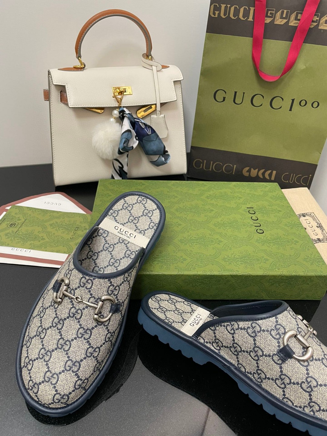Gvc*1 Men’s GG Slipper With Horsebit Blue For Men GG Shoes ‎694249 96G60 4073