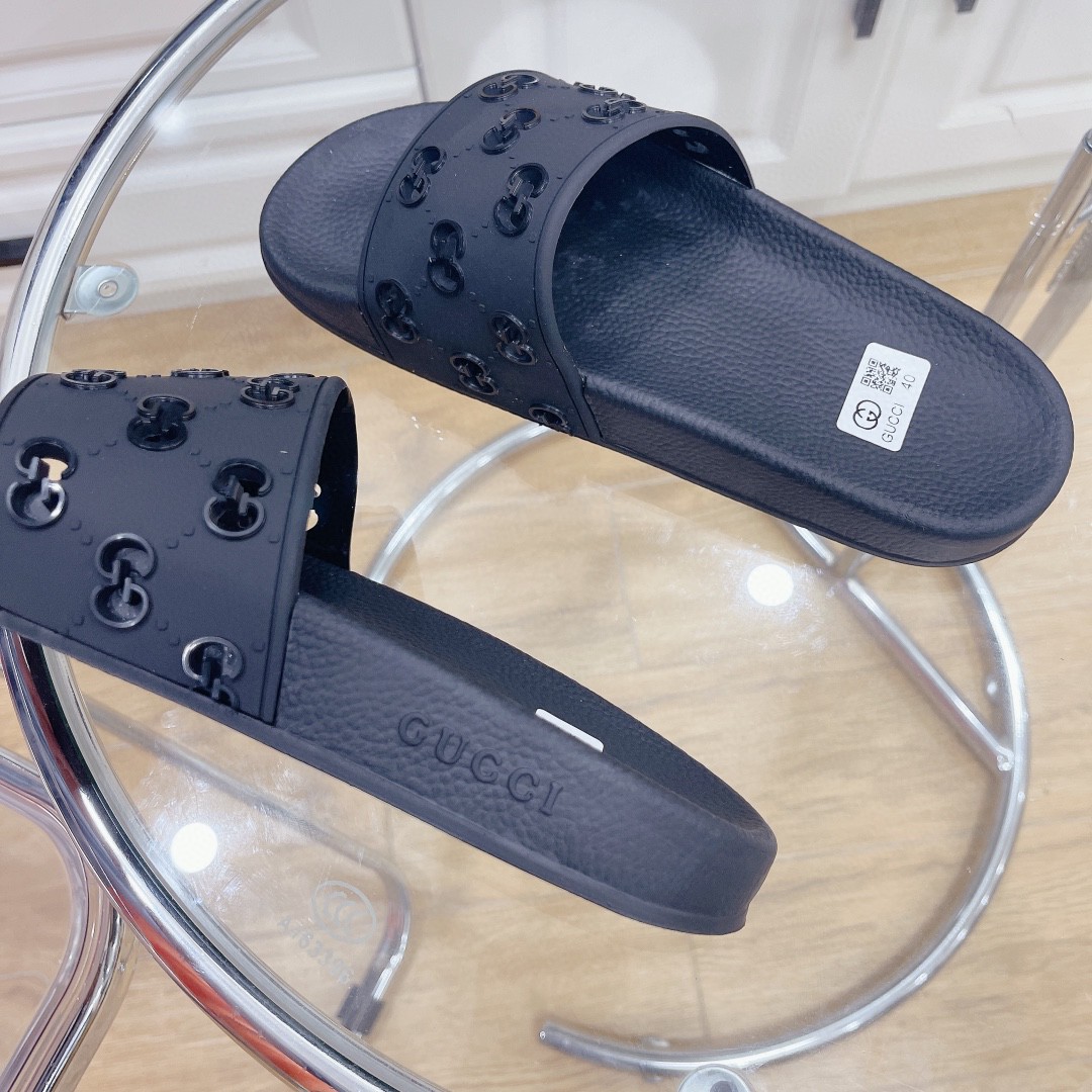 Gvc*1 Men’s Rubber GG Slide Sandals Black For Men ‎573922 JDR00 1000