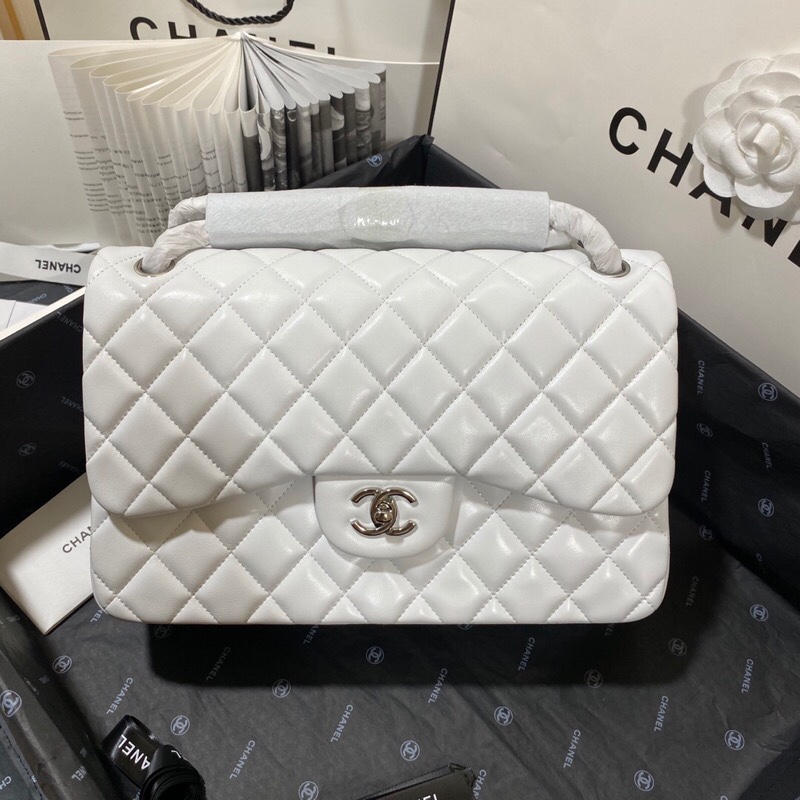 Ch**el Large Classic Handbag Silver Hardware White For Women, Women’s Handbags, Shoulder Bags 11.8in/30cm