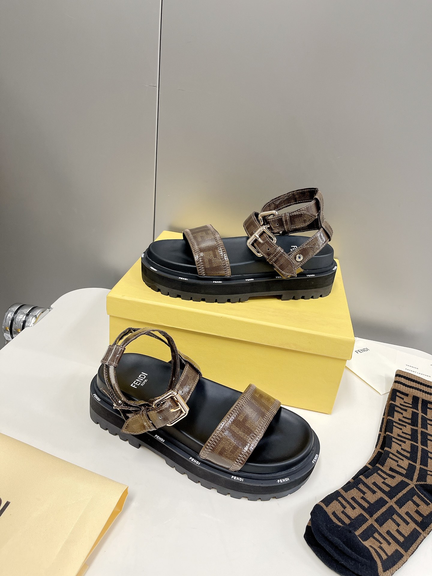 F**di Brown FF Jacquard Sandals For Women