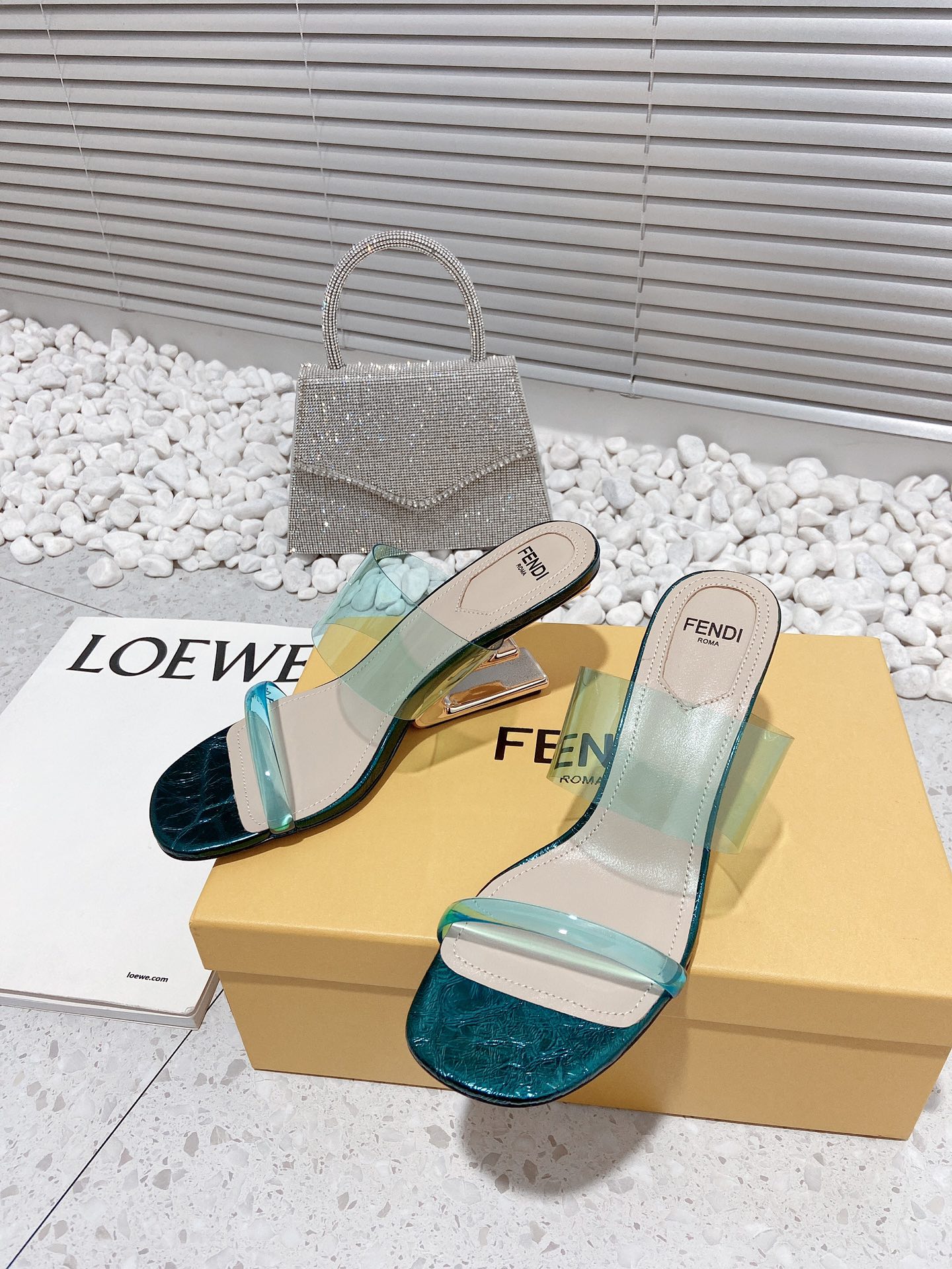 F**di First Dark Green Transparent Medium-Heeled Sandals For Women