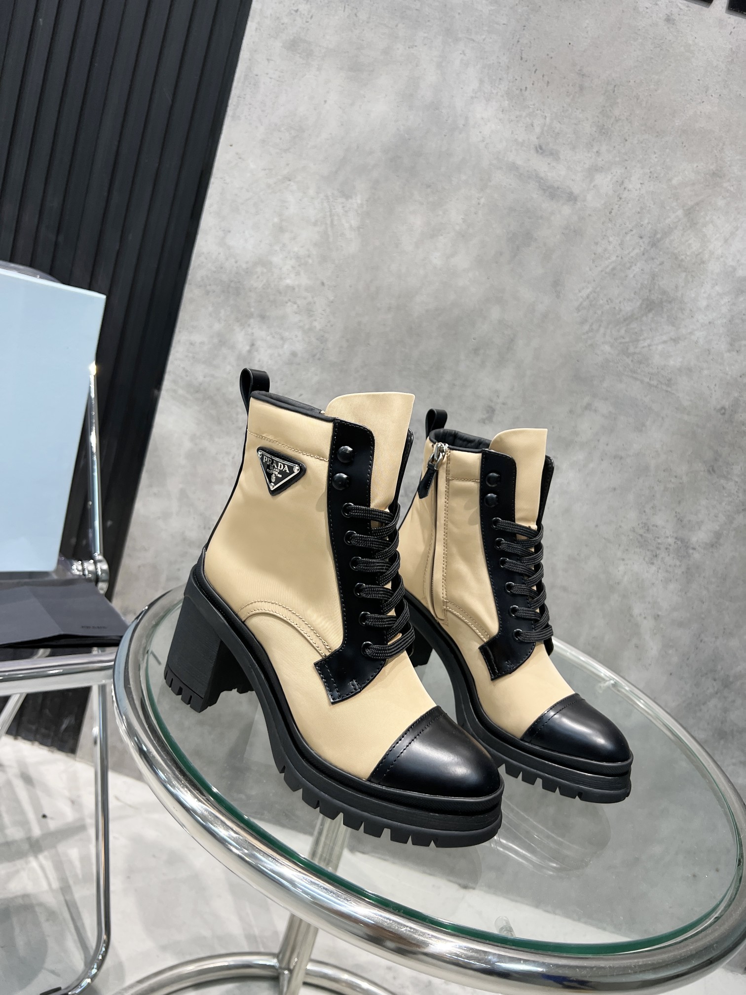 Pra*a Tronchetti Lace-Up Boots Beige For Women PRD