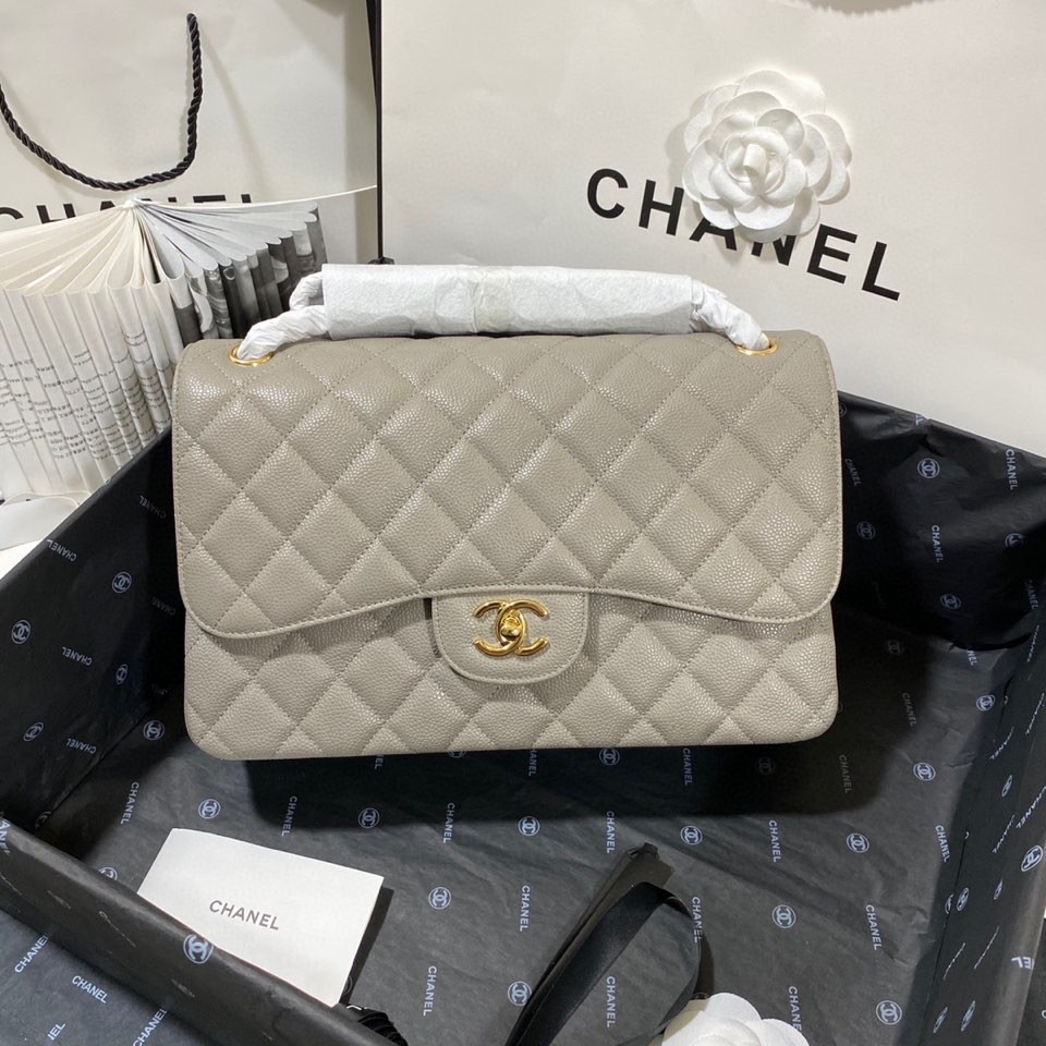 Ch**el Large Classic Handbag Gold Hardware Grey For Women, Women’s Handbags, Shoulder Bags 11.8in/30cm