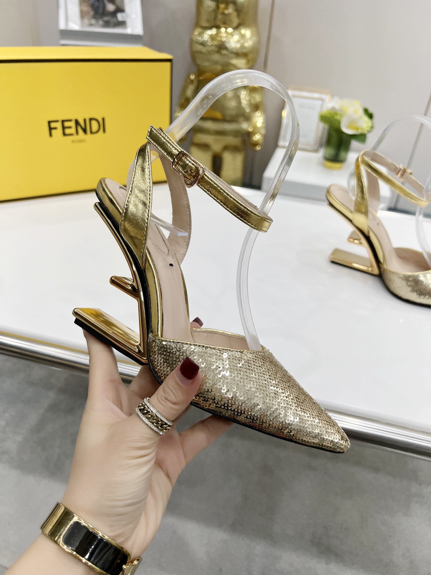 F**di First Gold Glitter High-Heeled Slingbacks For Women