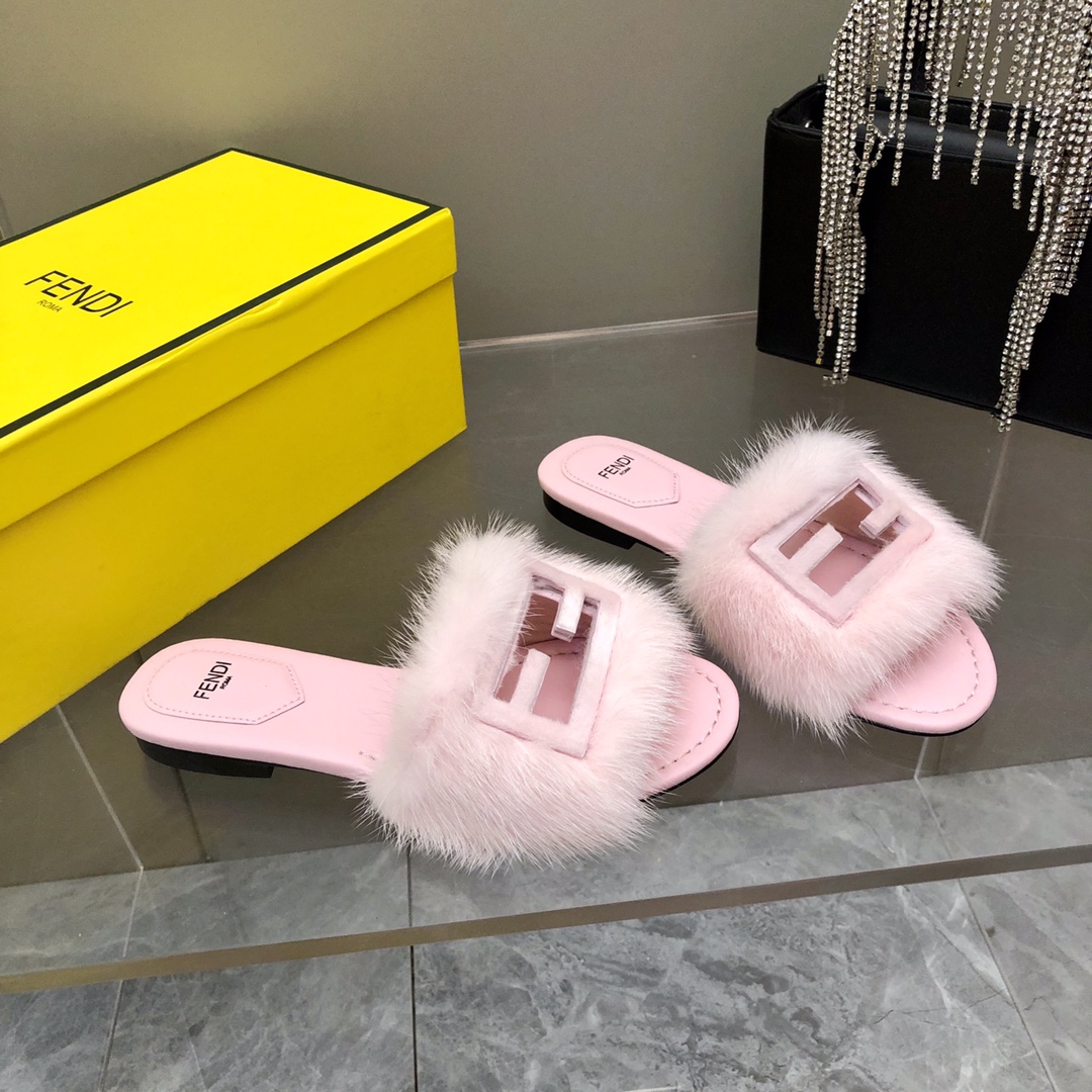 F**di Signature Pink Mink Slides For Women