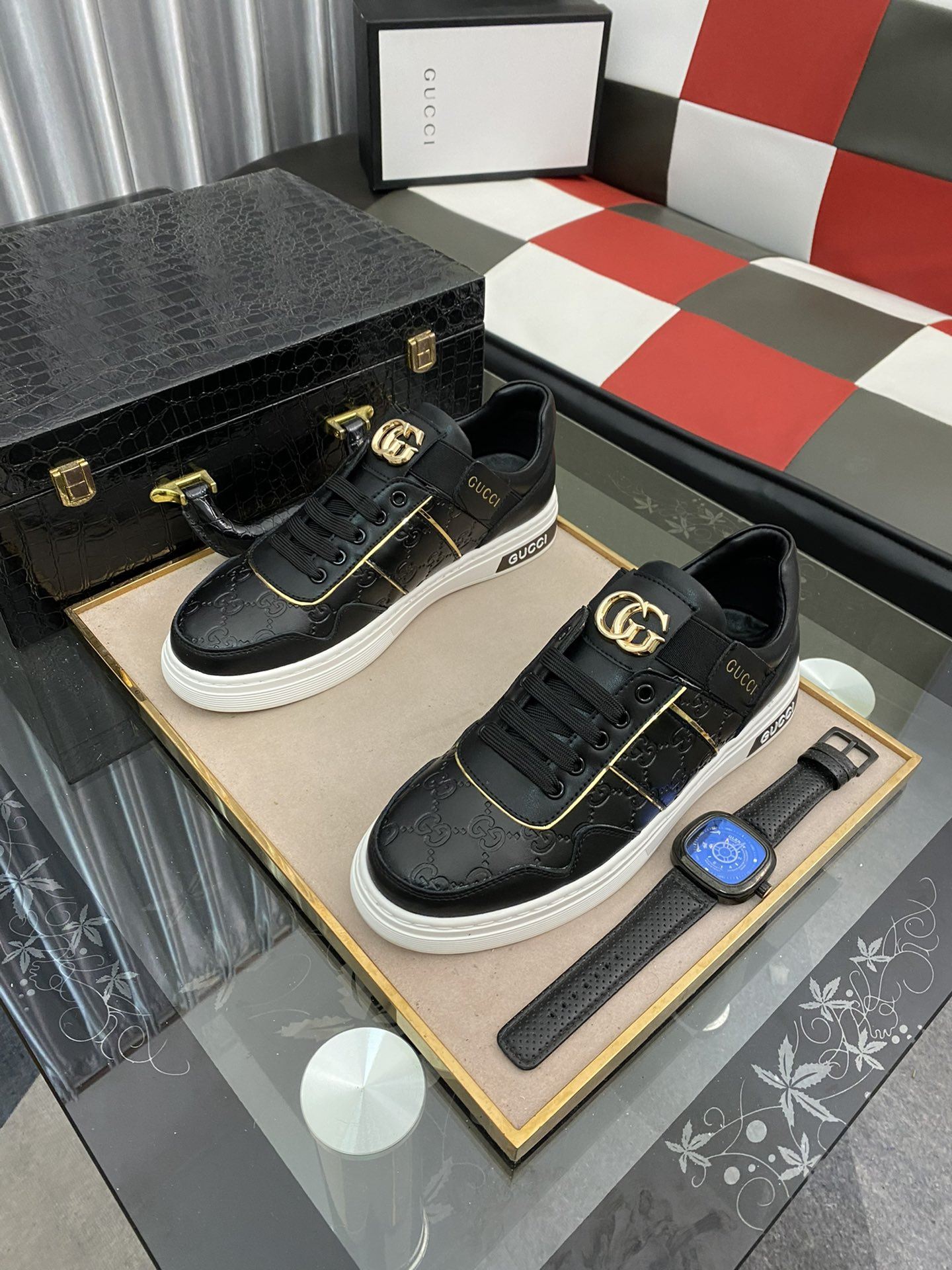 Gvc*1 Men’s GG Embossed Sneaker Loafer With GG Black Gold For Men