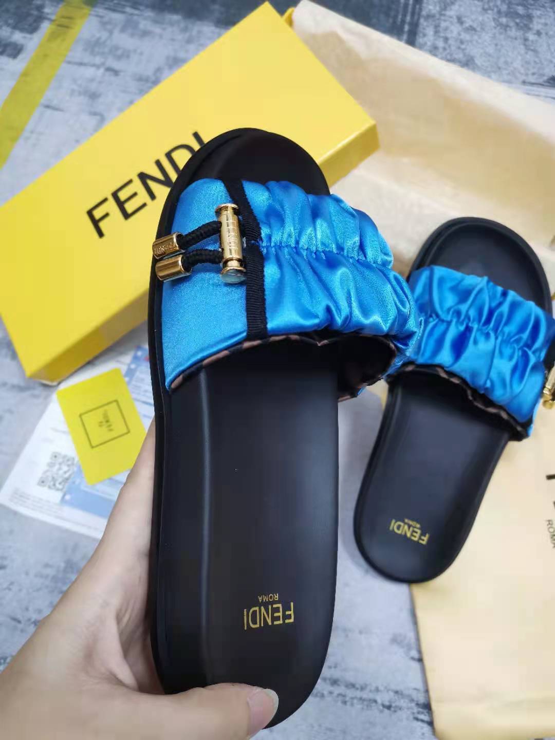 F**di Feel Blue Satin Slides For Women