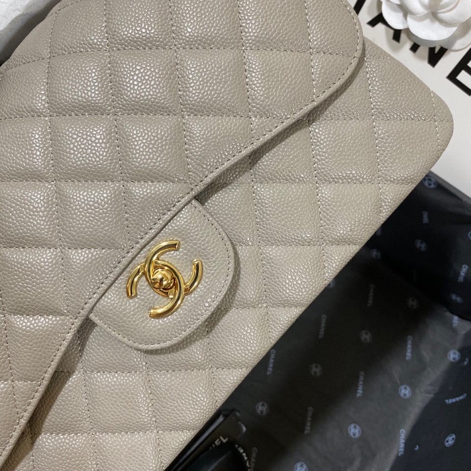 Ch**el Large Classic Handbag Gold Hardware Grey For Women, Women’s Handbags, Shoulder Bags 11.8in/30cm