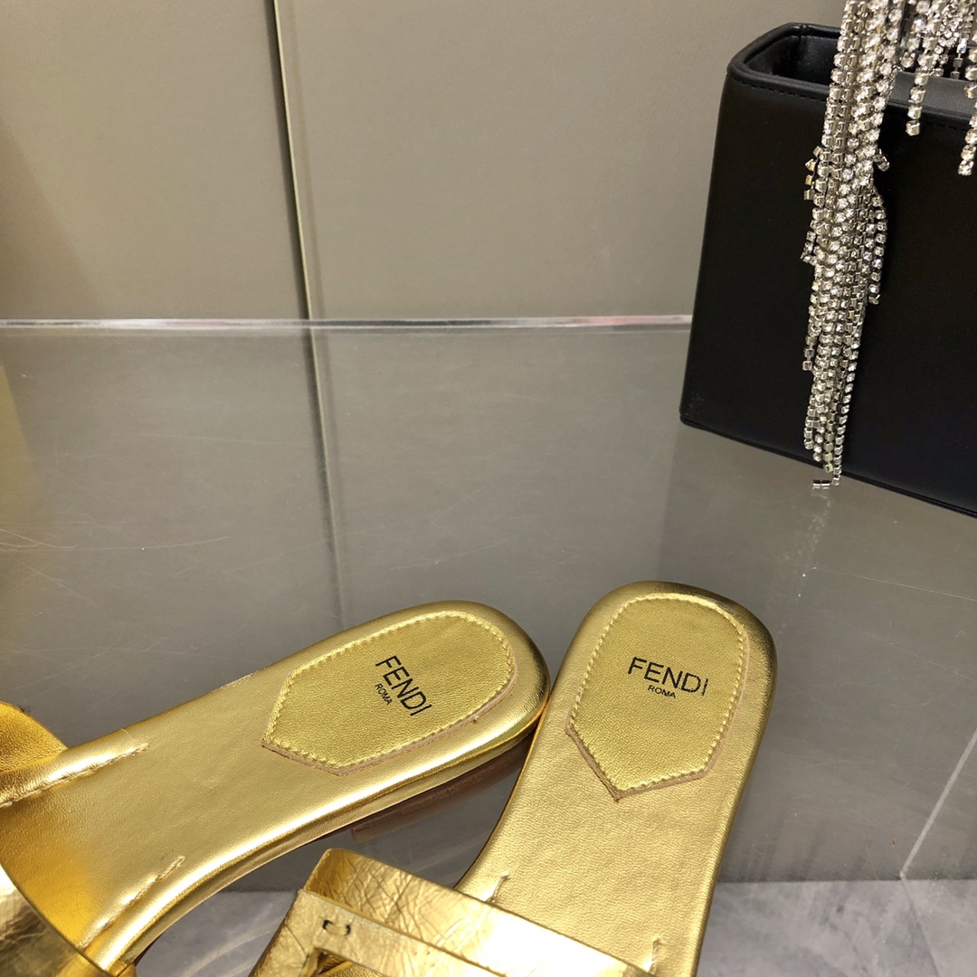 F**di Baguette Gold Nappa Slides For Women 8R8136AI16F0XV6