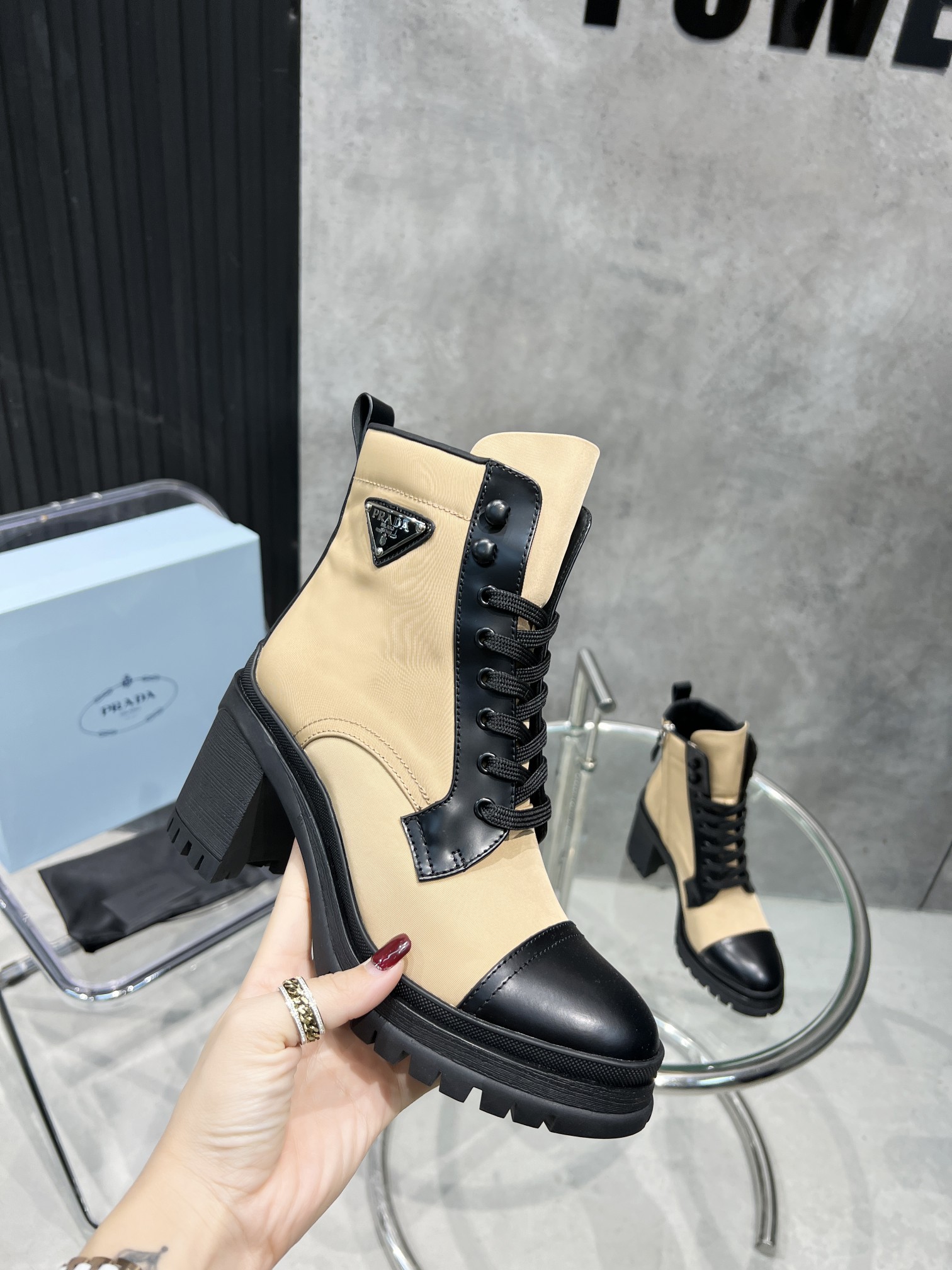 Pra*a Tronchetti Lace-Up Boots Beige For Women PRD