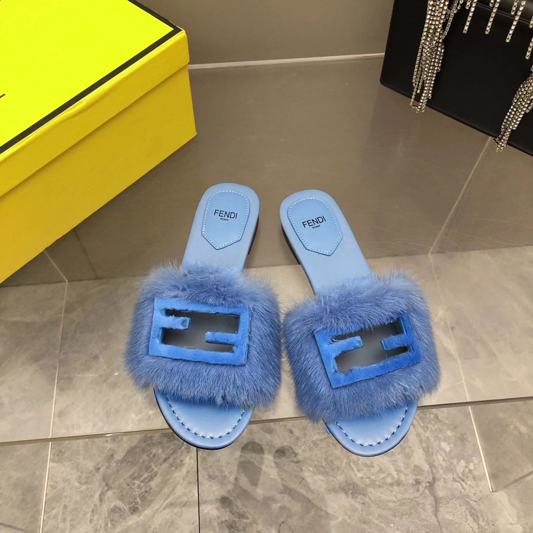 F**di Signature Blue Mink Slides For Women