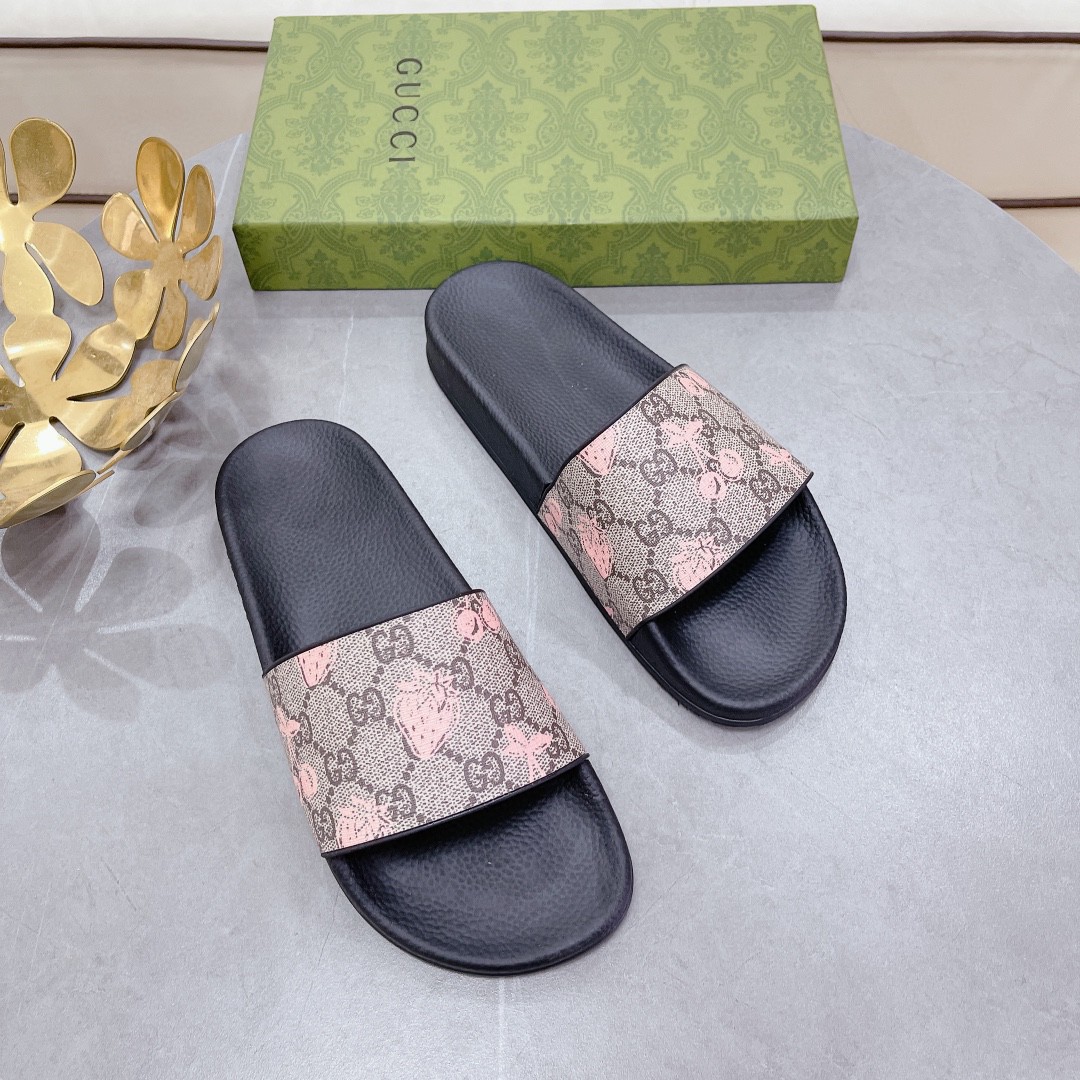 Gvc*1 Women’s GG Slide Sandal With Strawberry And Cherry Black For Women 407345
