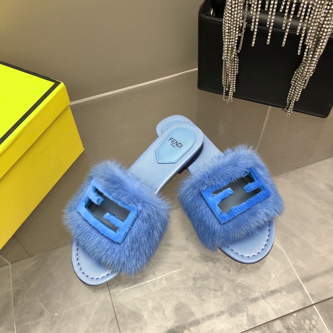 F**di Signature Blue Mink Slides For Women