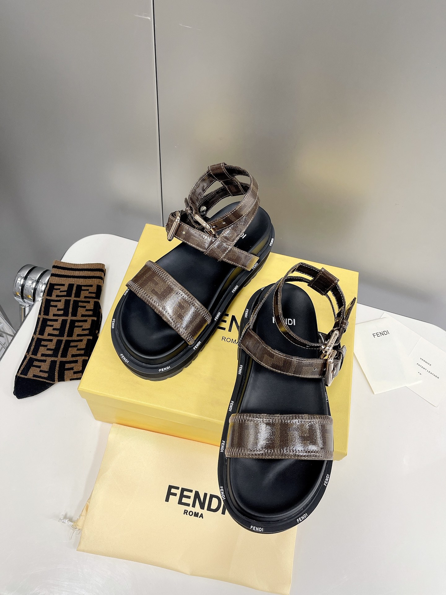 F**di Brown FF Jacquard Sandals For Women