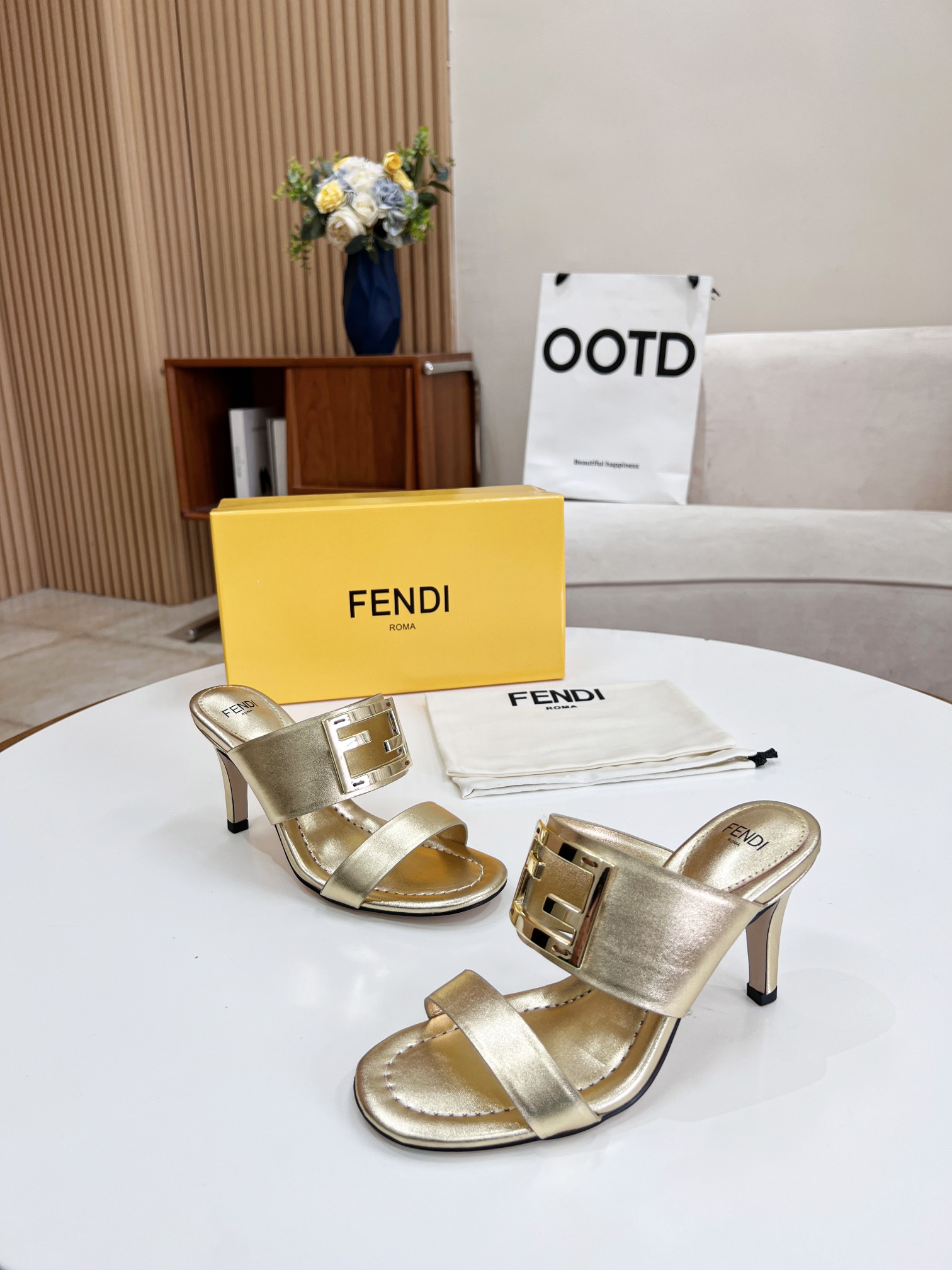 F**di Baguette Gold Heels For Women