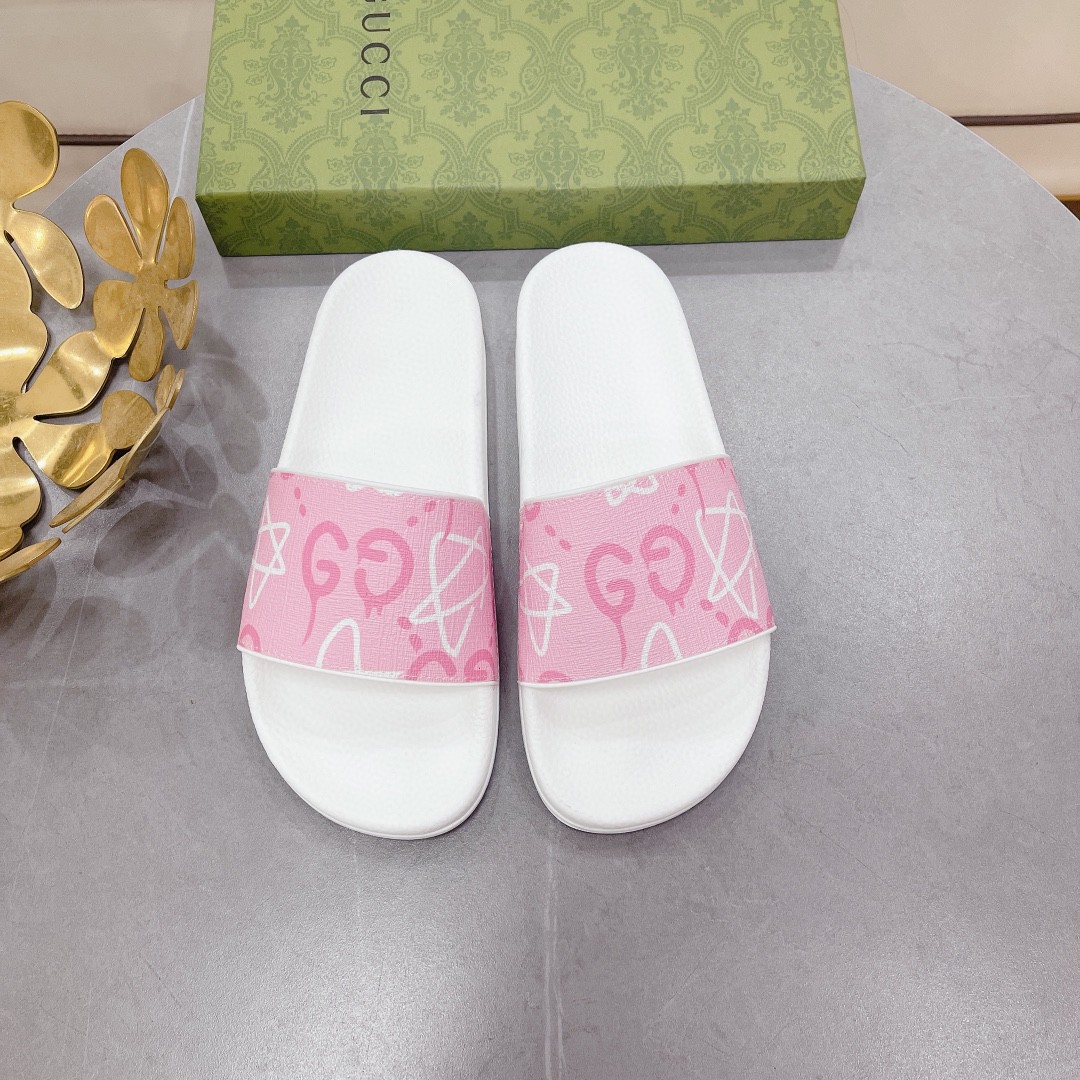 Gvc*1 Women’s GG Stars Print Slide Sandal Pink And White For Women 408508