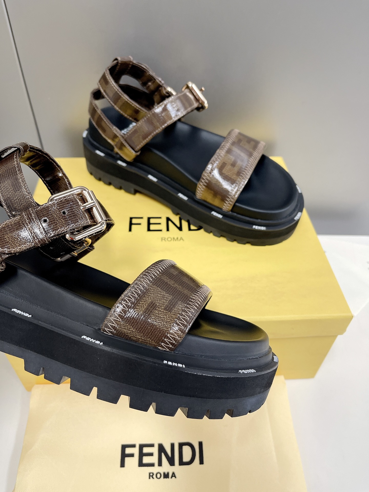 F**di Brown FF Jacquard Sandals For Women