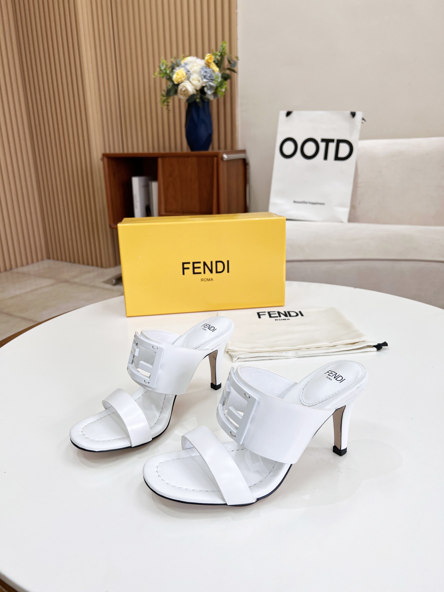 F**di Baguette White Heels For Women