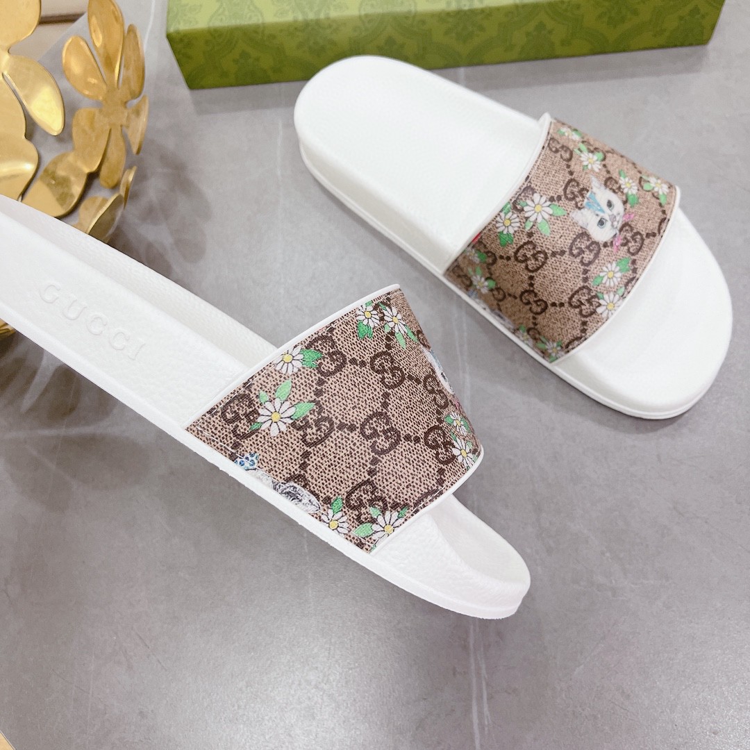 Gvc*1 Women’s GG Slide Sandal With Cat White And Brown For Women 407345
